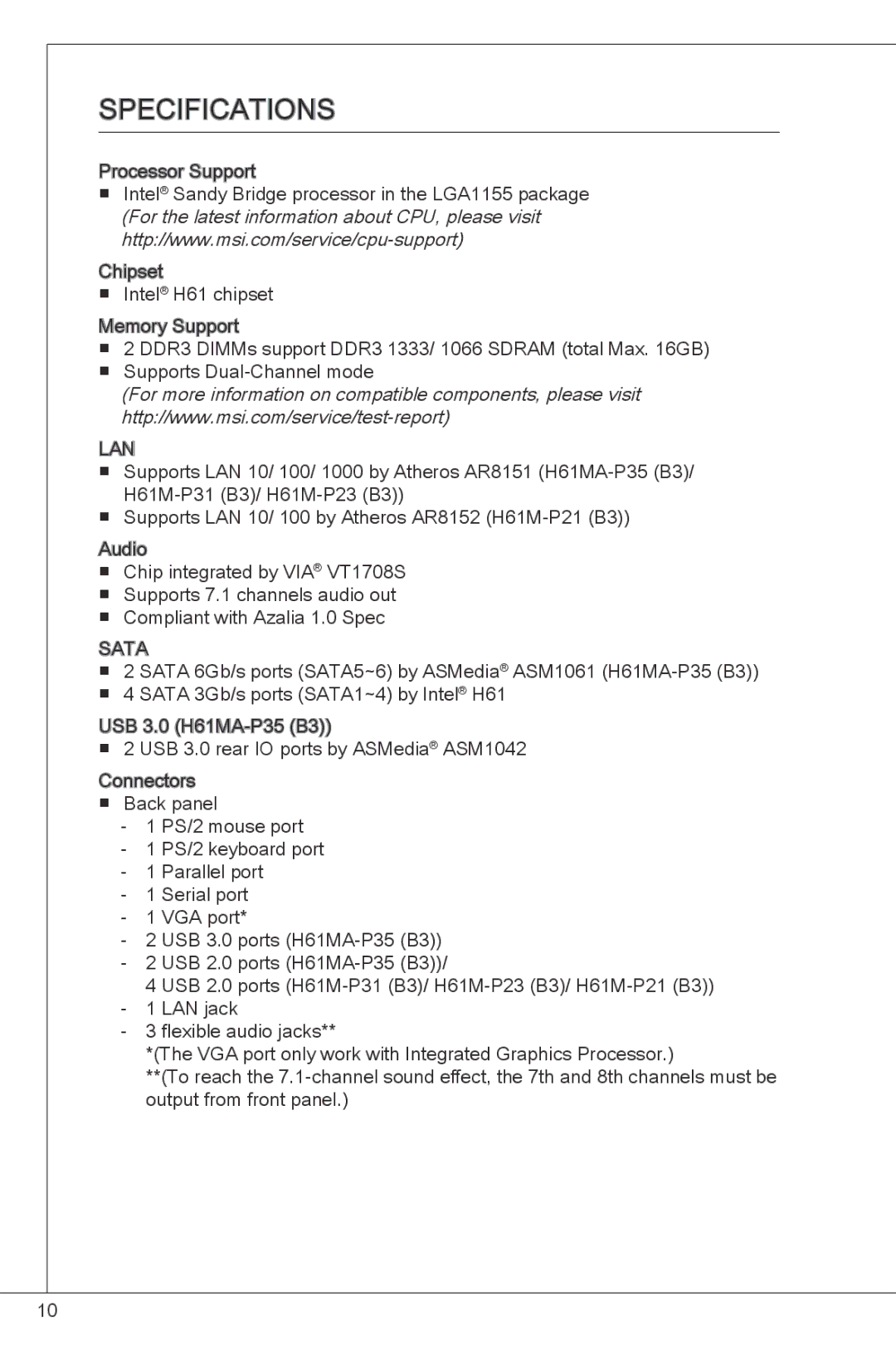 MSI H61M-P23 (B3) manual Specifications 