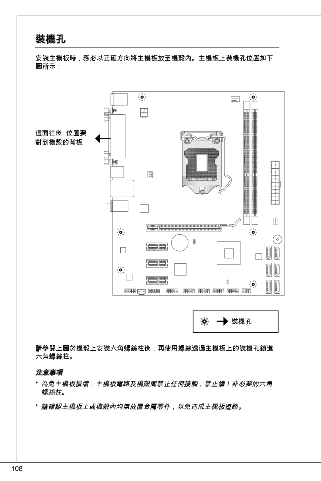 MSI H61M-P23 (B3) manual 裝機孔, 請確認主機板上或機殼內均無放置金屬零件，以免造成主機板短路。 