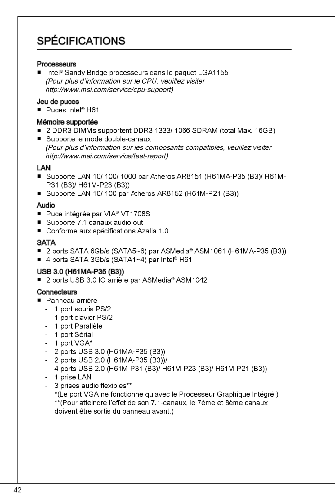 MSI H61M-P23 (B3) manual SPéCIFICATIONS 