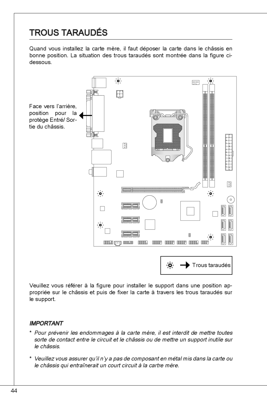 MSI H61M-P23 (B3) manual Trous Taraudés 