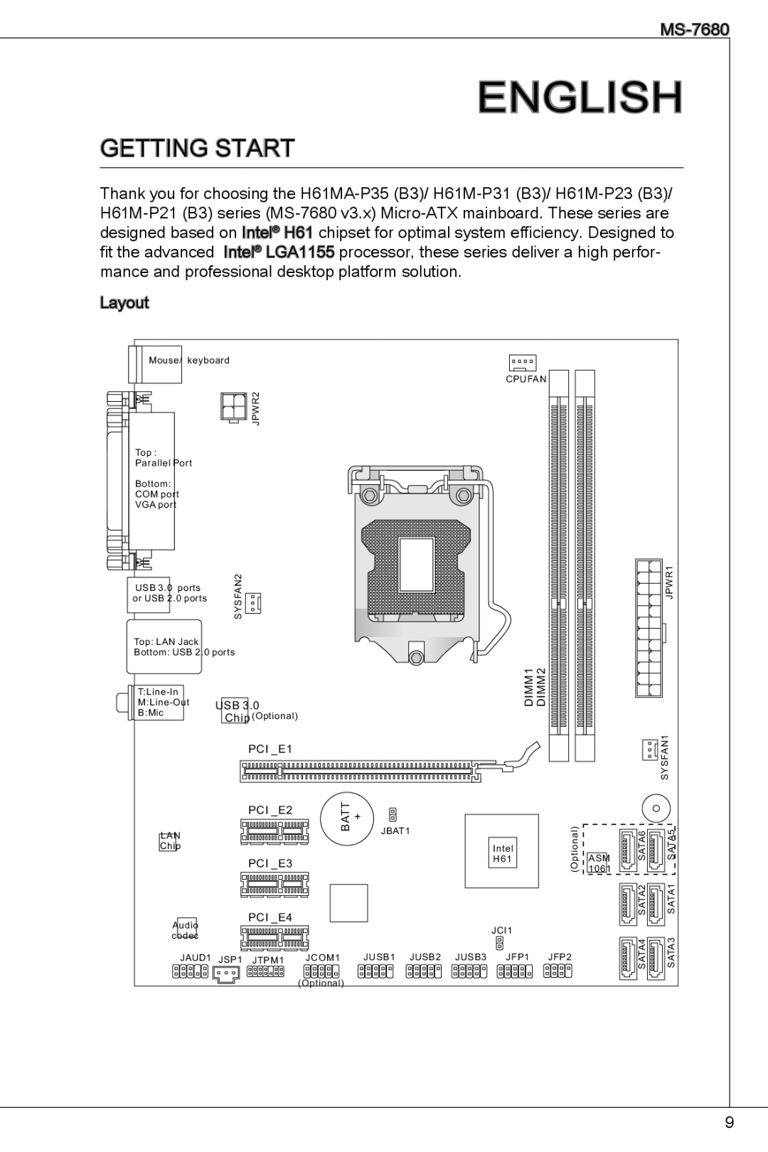 MSI H61M-P23 (B3) manual English, Getting start 