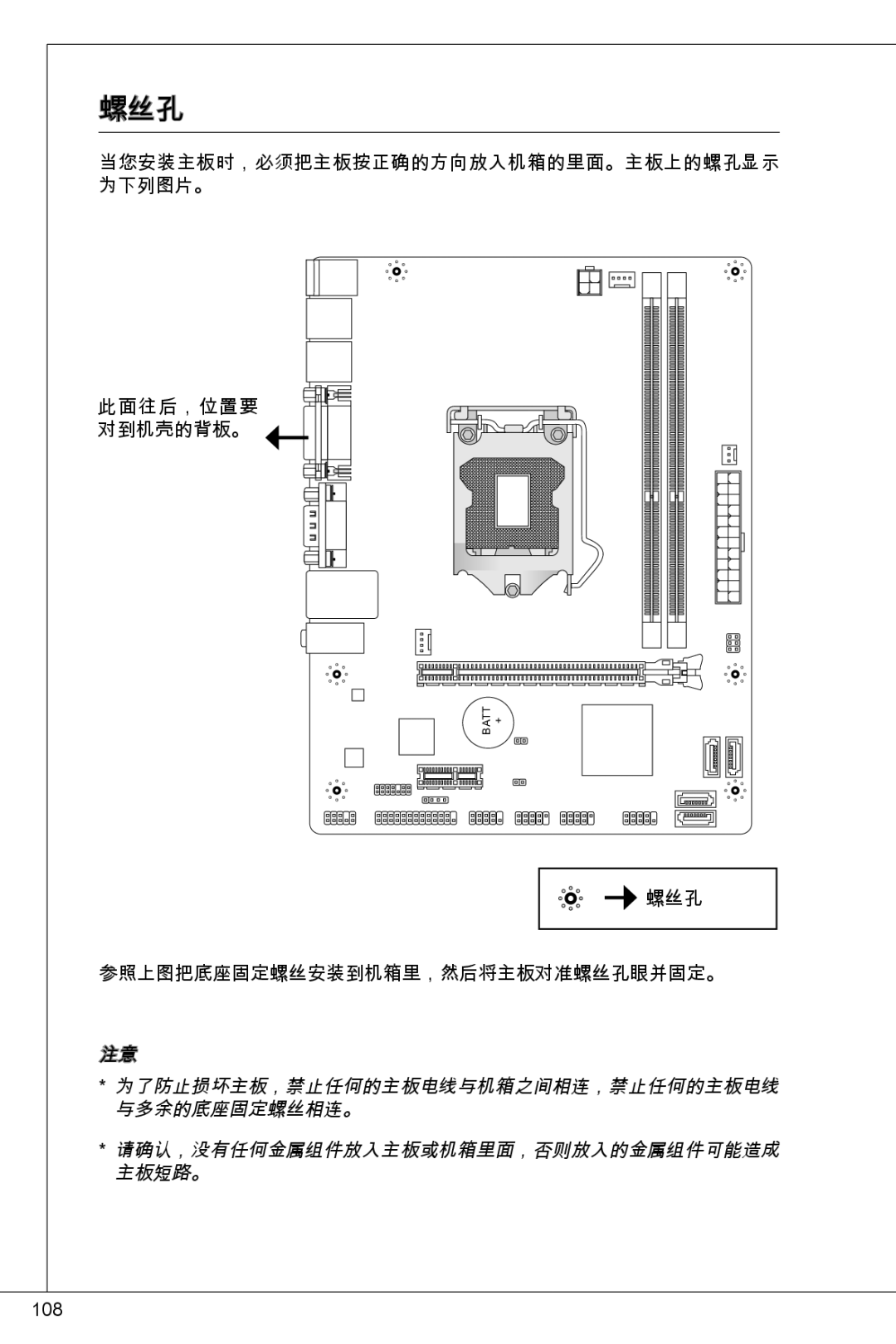 MSI H61M-P31/W8 manual 螺丝孔, 为了防止损坏主板，禁止任何的主板电线与机箱之间相连，禁止任何的主板电线, 与多余的底座固定螺丝相连。, 请确认，没有任何金属组件放入主板或机箱里面，否则放入的金属组件可能造成, 主板短路。 