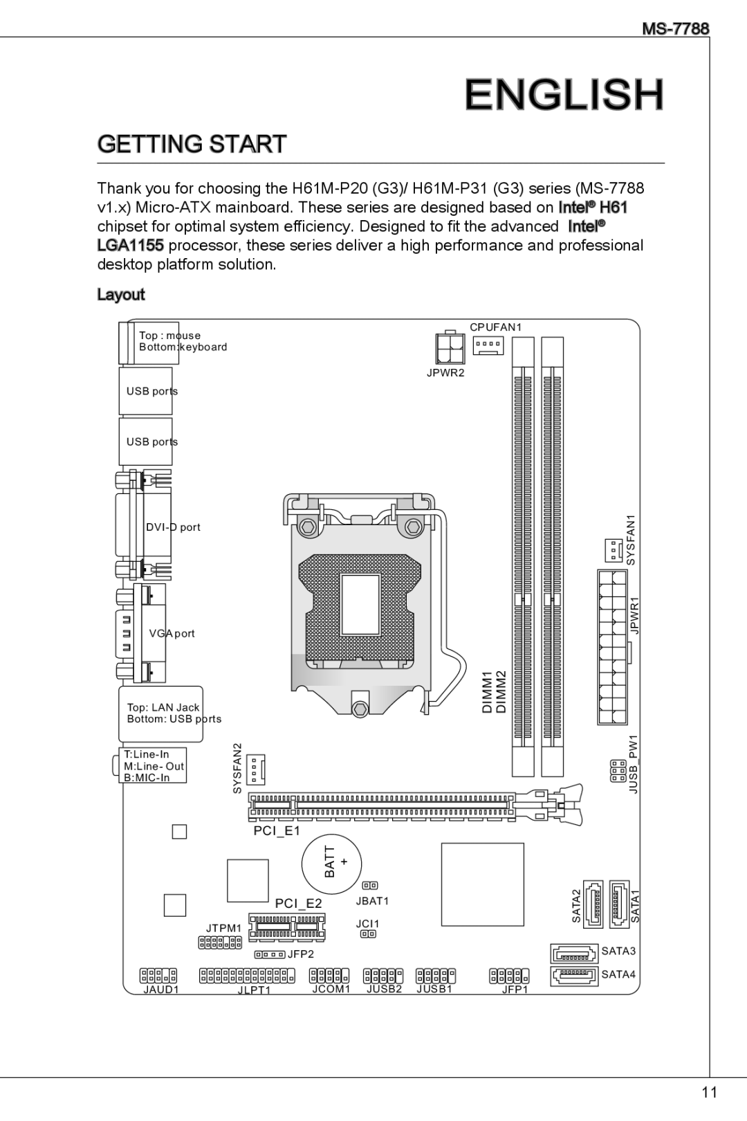 MSI H61M-P31/W8 manual English, Getting start 