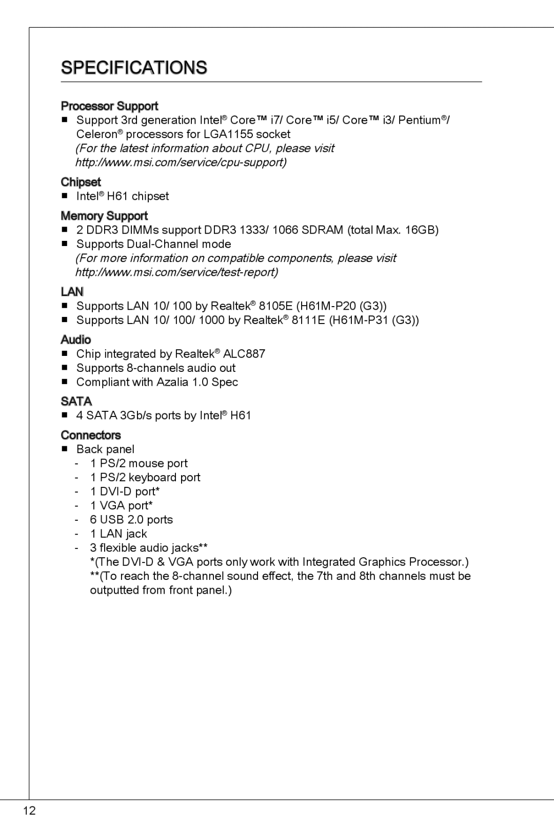 MSI H61M-P31/W8 manual Specifications 