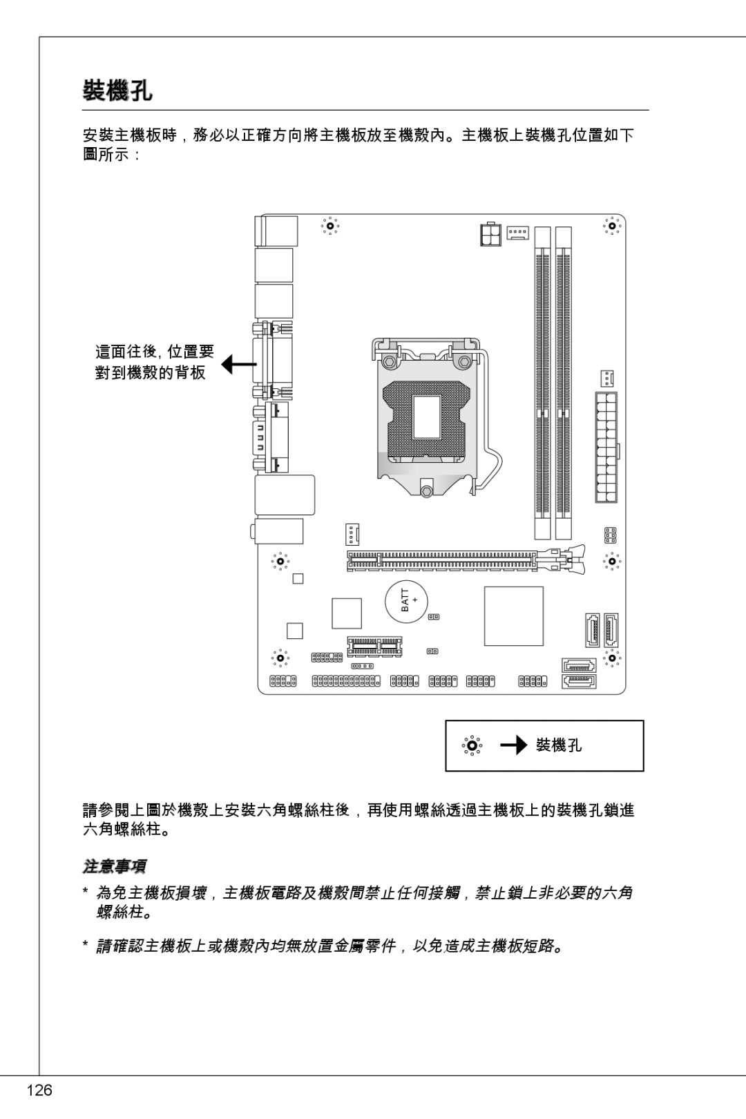 MSI H61M-P31/W8 manual 裝機孔, 注意事項, 為免主機板損壞，主機板電路及機殼間禁止任何接觸，禁止鎖上非必要的六角, 螺絲柱。, 請確認主機板上或機殼內均無放置金屬零件，以免造成主機板短路。 