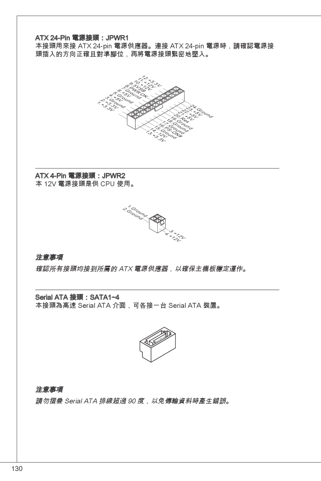 MSI H61M-P31/W8 manual 注意事項 確認所有接頭均接到所屬的 Atx 電源供應器，以確保主機板穩定運作。, 注意事項 請勿摺疊 Serial ATA 排線超過 90 度，以免傳輸資料時產生錯誤。 