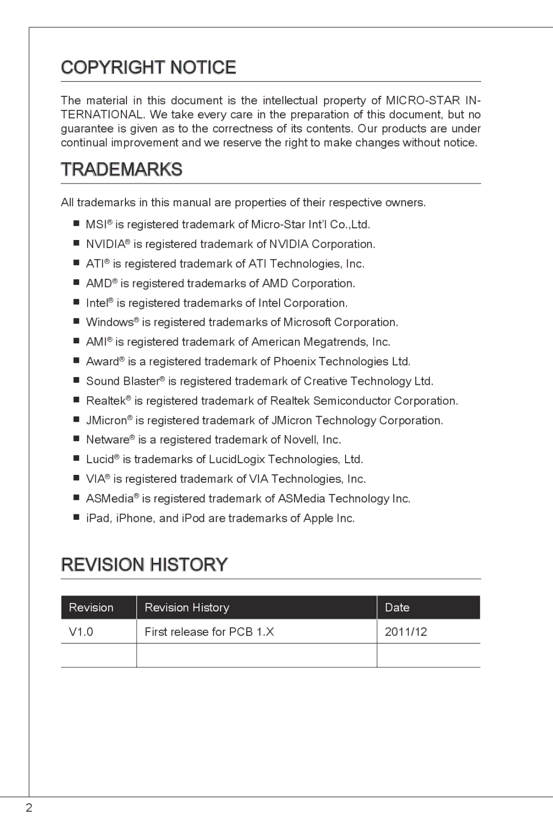 MSI H61M-P31/W8 manual Copyright Notice, Trademarks, Revision History 