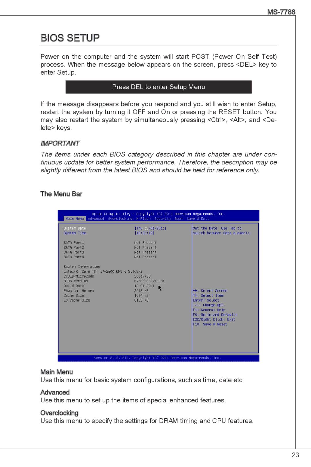 MSI H61M-P31/W8 manual Bios Setup, Press DEL to enter Setup Menu 