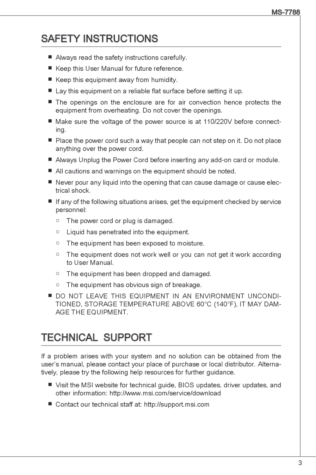 MSI H61M-P31/W8 manual Safety Instructions, Technical Support 