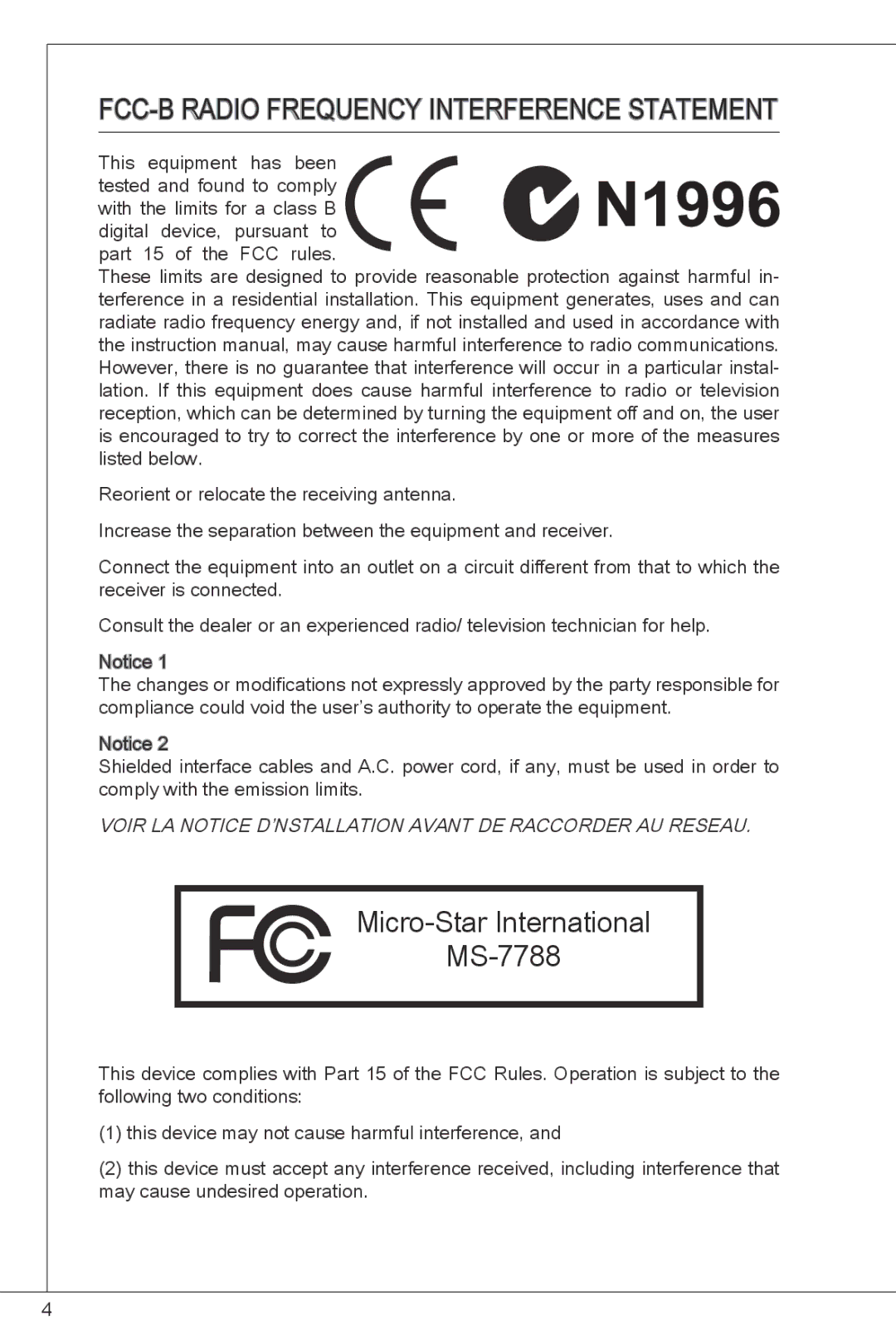 MSI H61M-P31/W8 manual FCC -B Radio Frequency Interference Statement, Micro-Star International MS-7788 