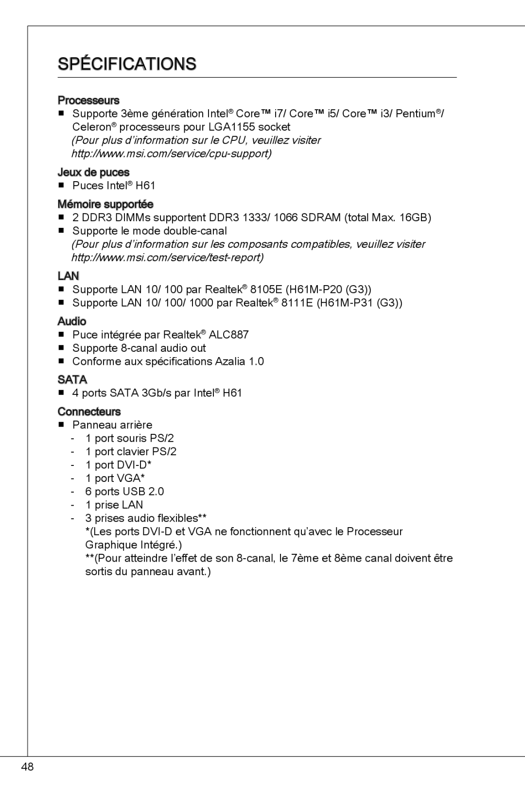 MSI H61M-P31/W8 manual SPéCIFICATIONS 