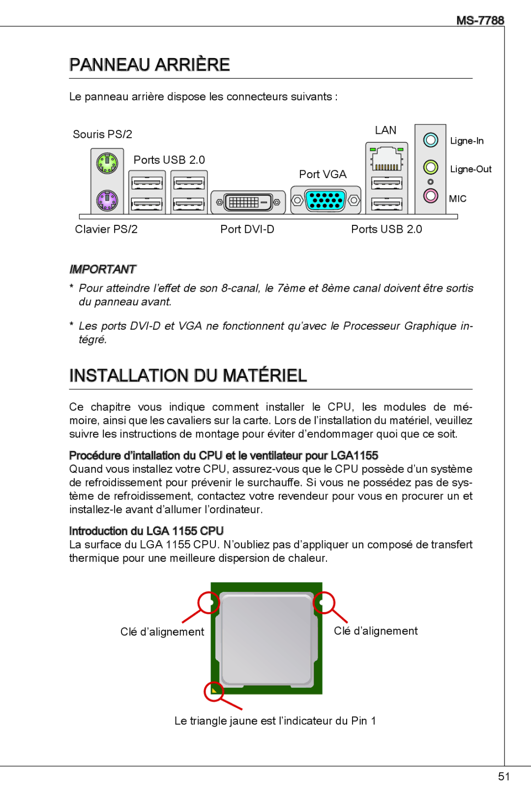 MSI H61M-P31/W8 manual Panneau arrière, InSTaLLaTion Du MaTérieL 