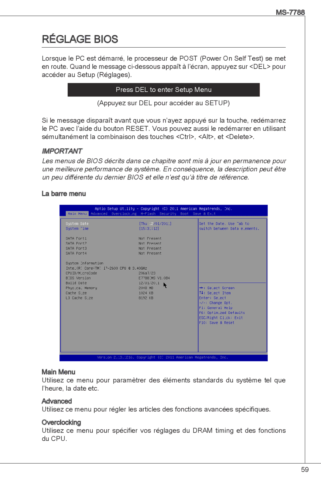 MSI H61M-P31/W8 manual Réglage bios 