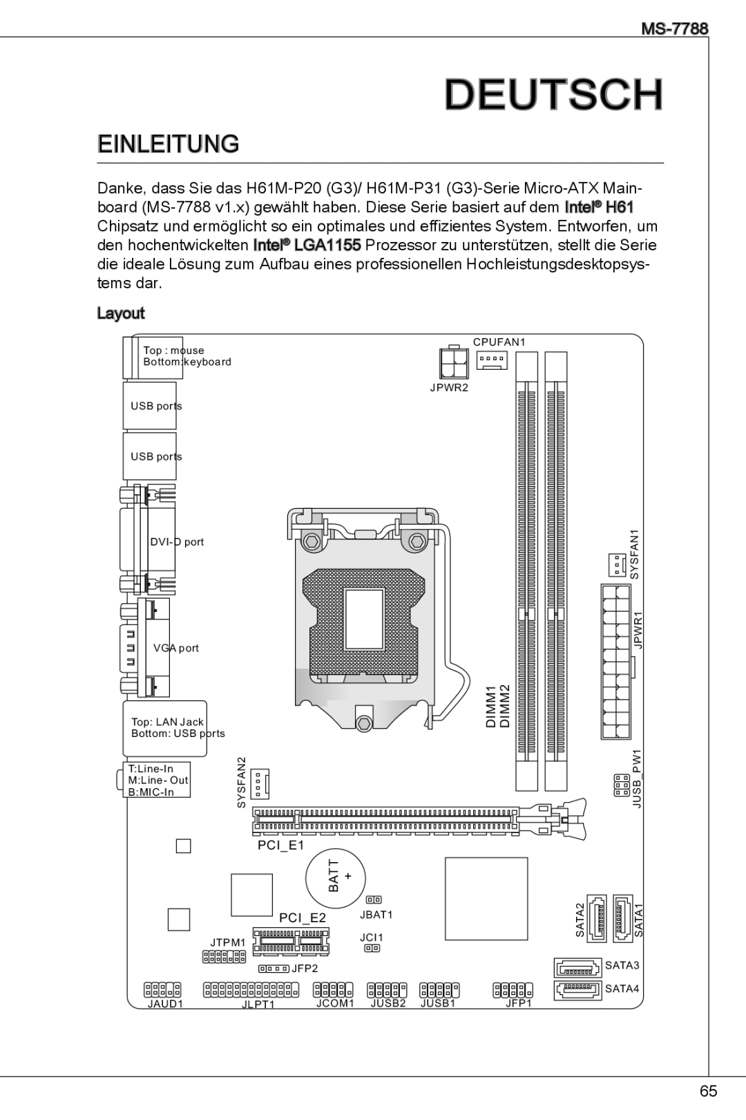 MSI H61M-P31/W8 manual Deutsch, Einleitung 