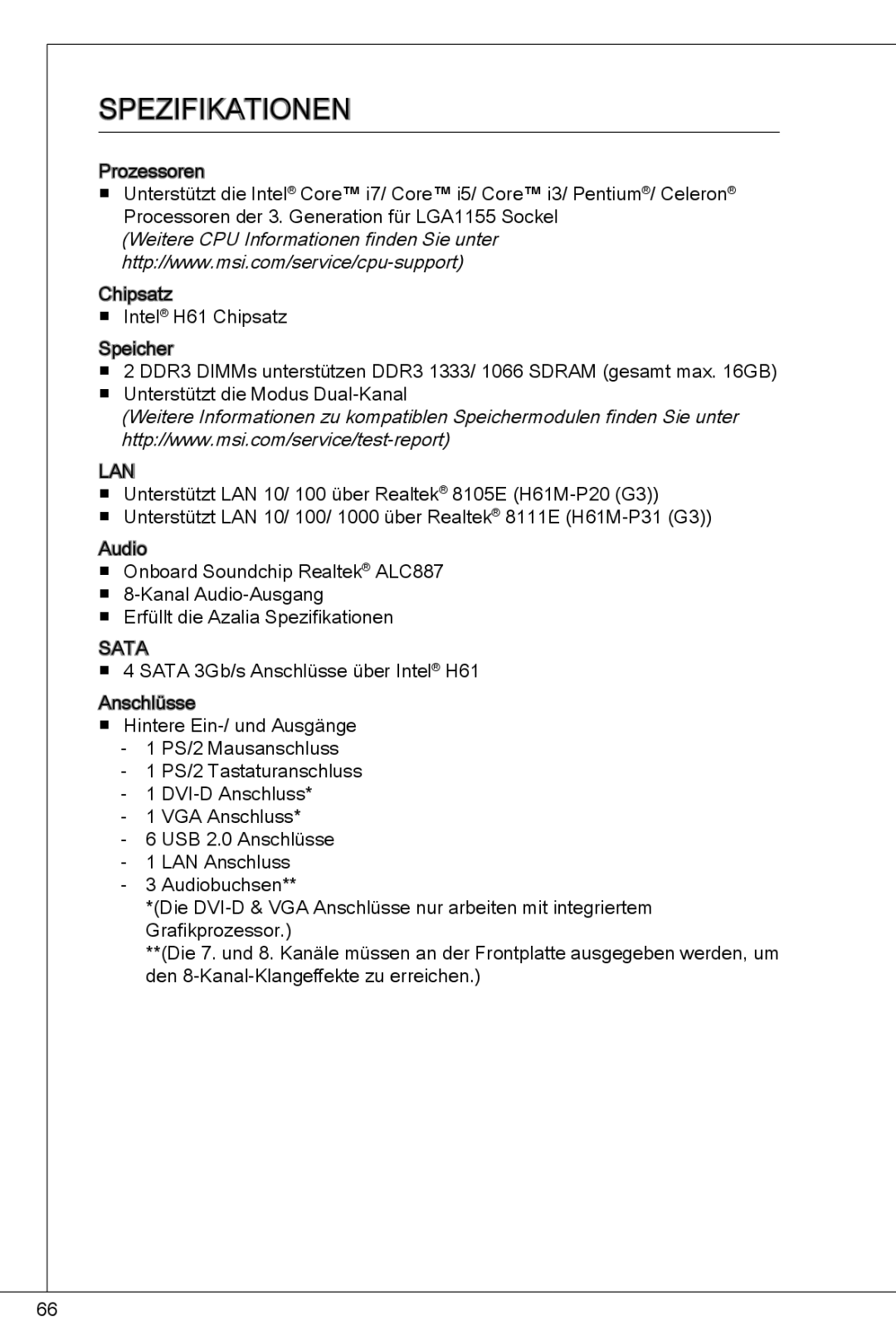 MSI H61M-P31/W8 manual Spezifikationen 