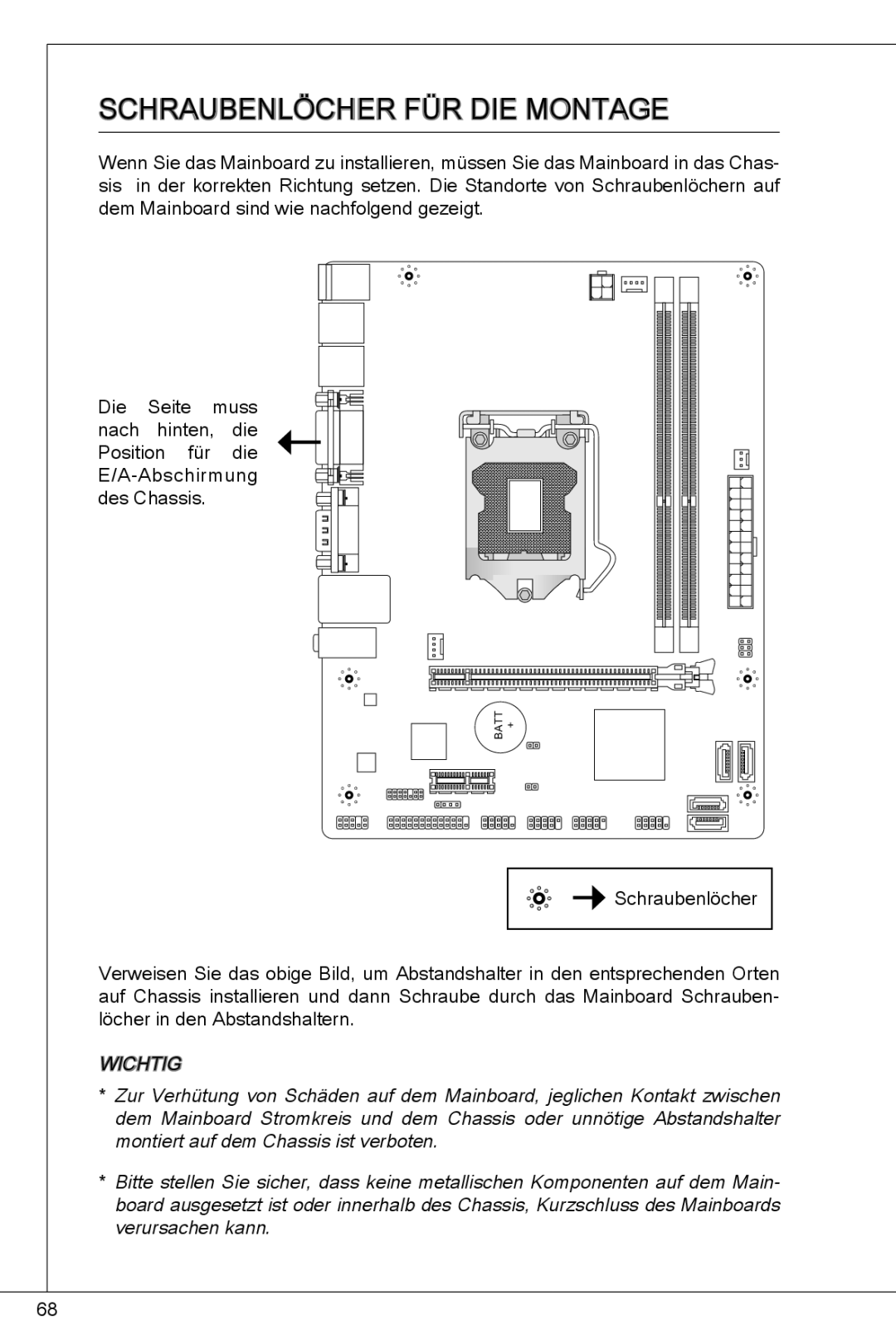 MSI H61M-P31/W8 manual Schraubenlöcher für die Montage, Wichtig 