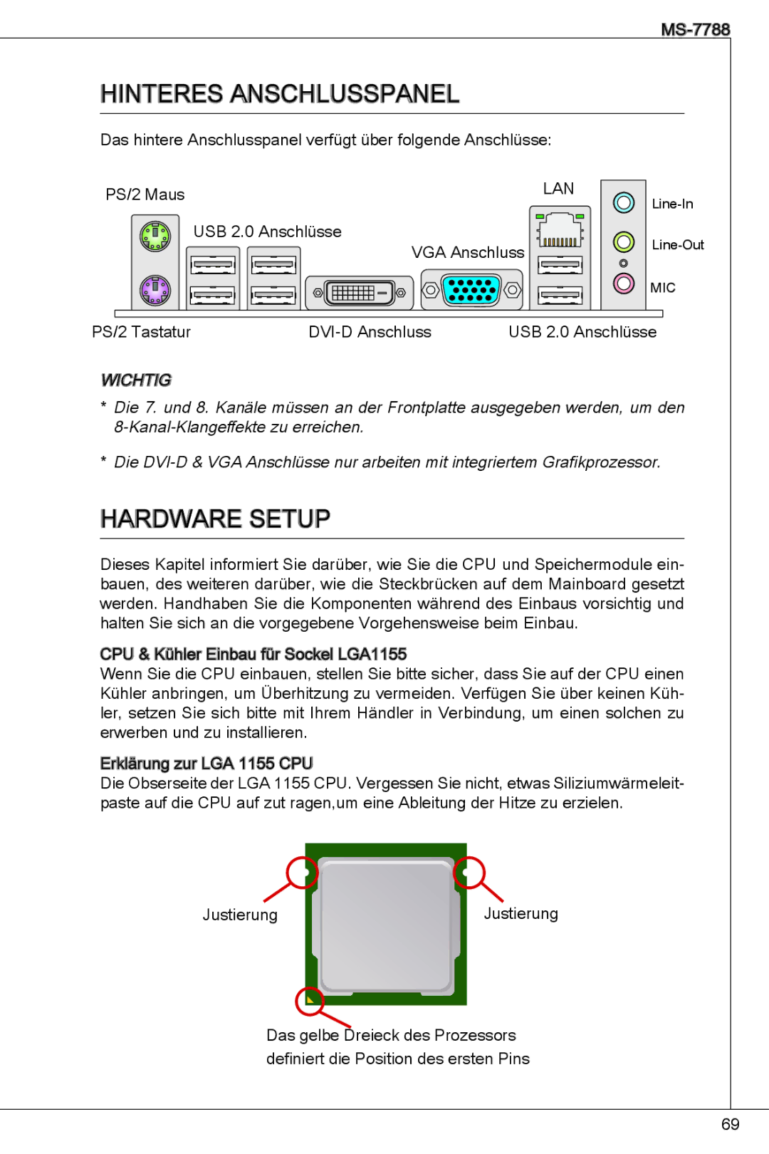 MSI H61M-P31/W8 manual Hinteres Anschlusspanel 