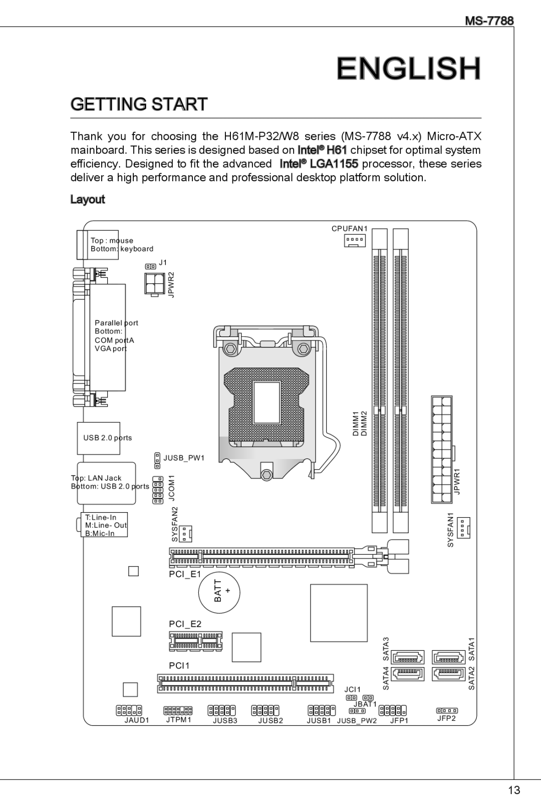 MSI H61M-P32/W8 manual English, Getting start 