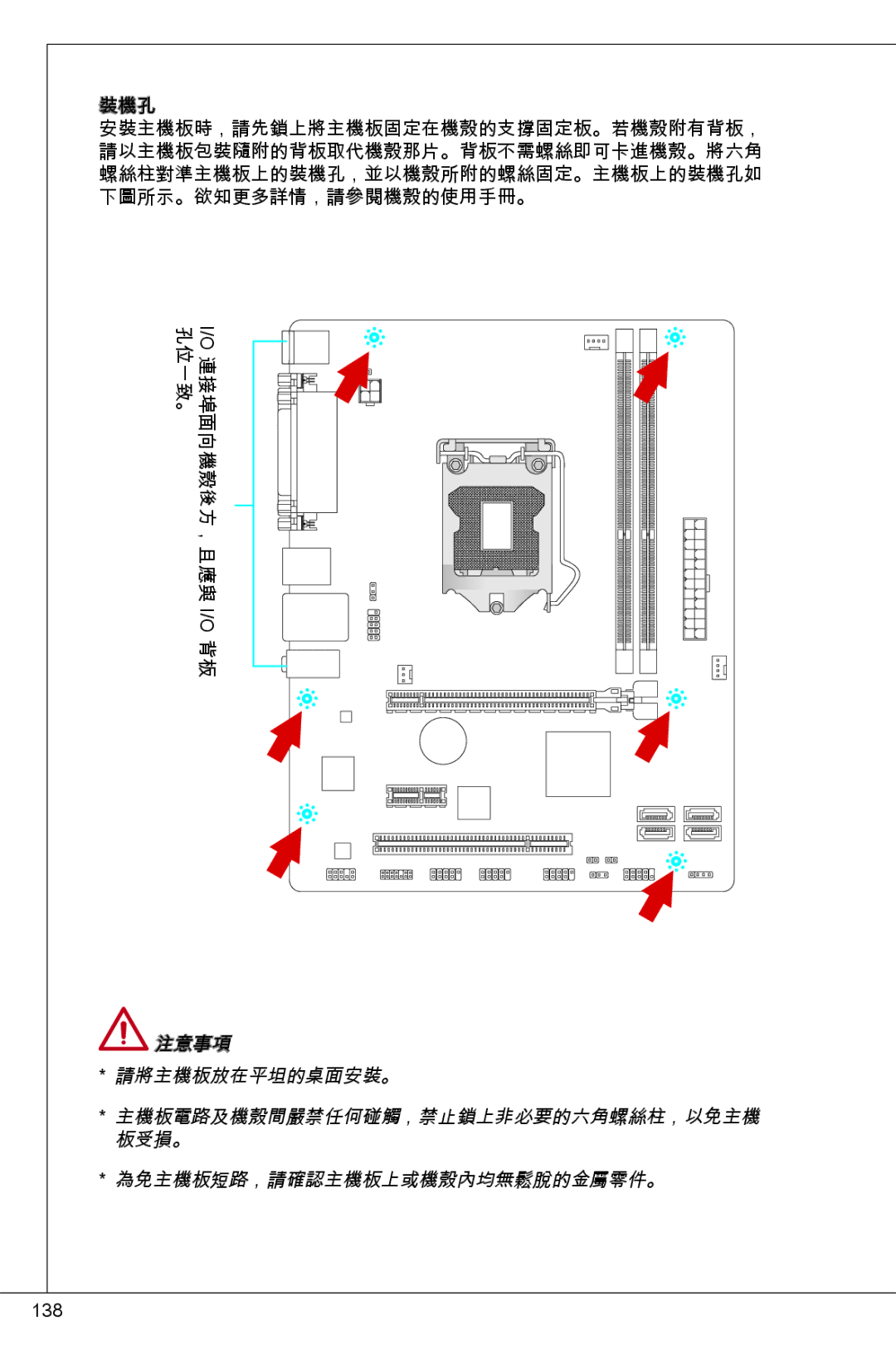 MSI H61M-P32/W8 manual Oi接埠面向機 殼後方，且應與/Oi 背板 孔位一致。 