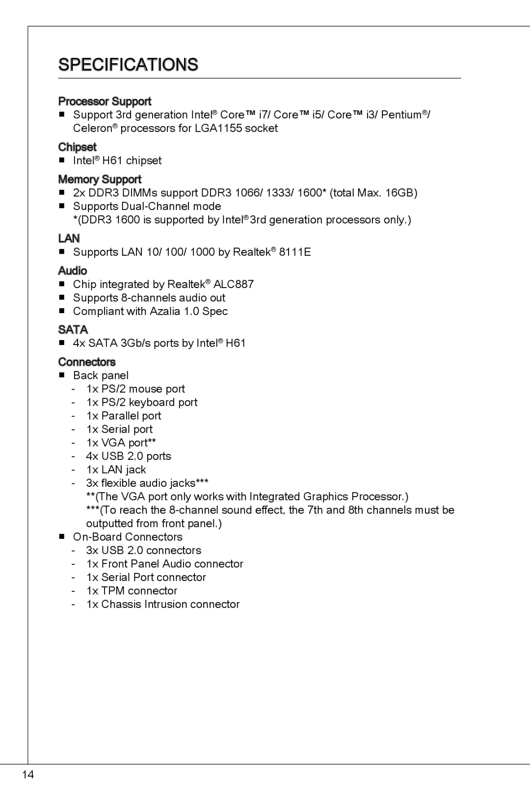 MSI H61M-P32/W8 manual Specifications 