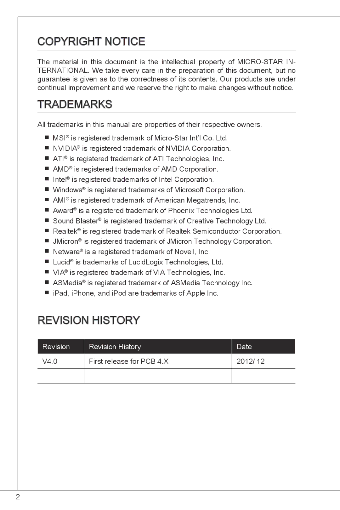 MSI H61M-P32/W8 manual Copyright Notice, Trademarks, Revision History 