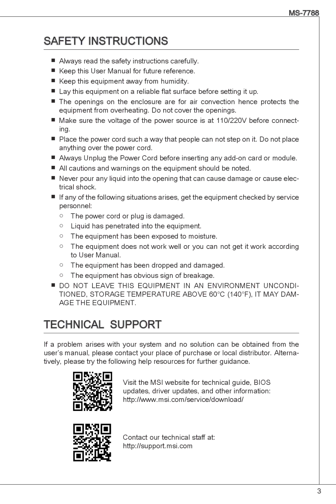 MSI H61M-P32/W8 manual Safety Instructions, Technical Support 