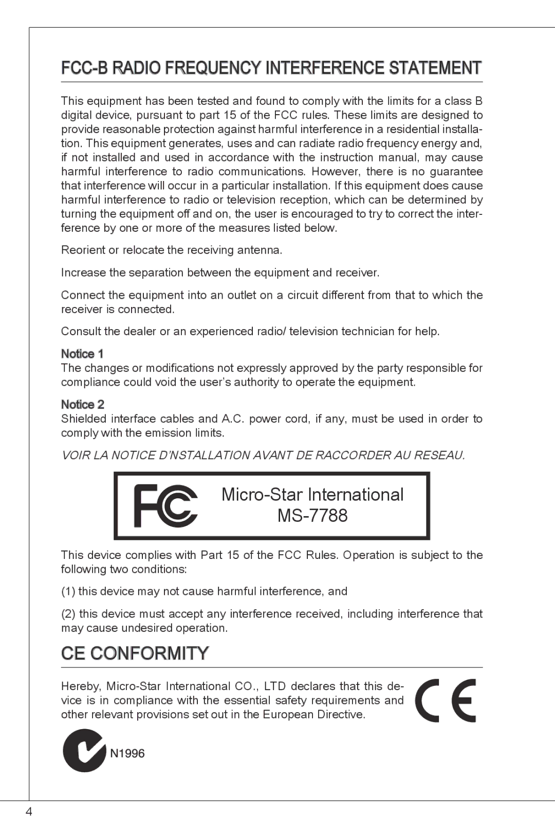 MSI H61M-P32/W8 manual FCC -B Radio Frequency Interference Statement, Micro-Star International MS-7788, CE Conformity 