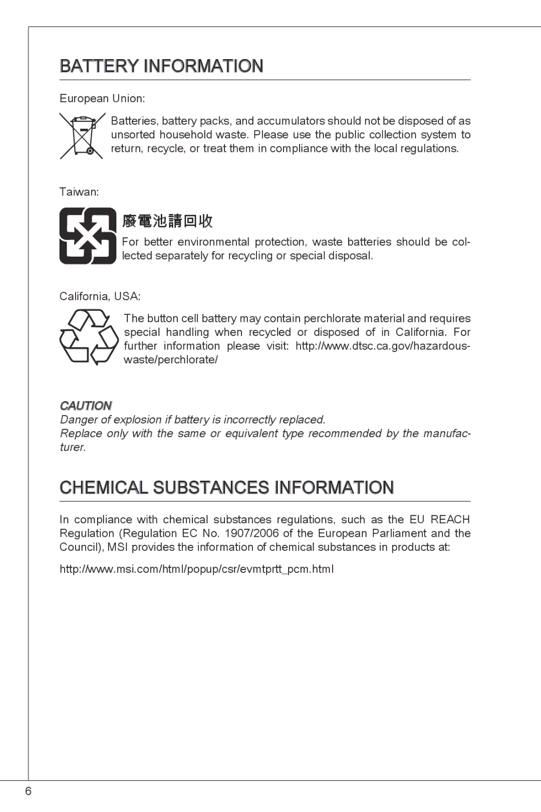 MSI H61M-P32/W8 manual Battery Information, Chemical Substances Information 