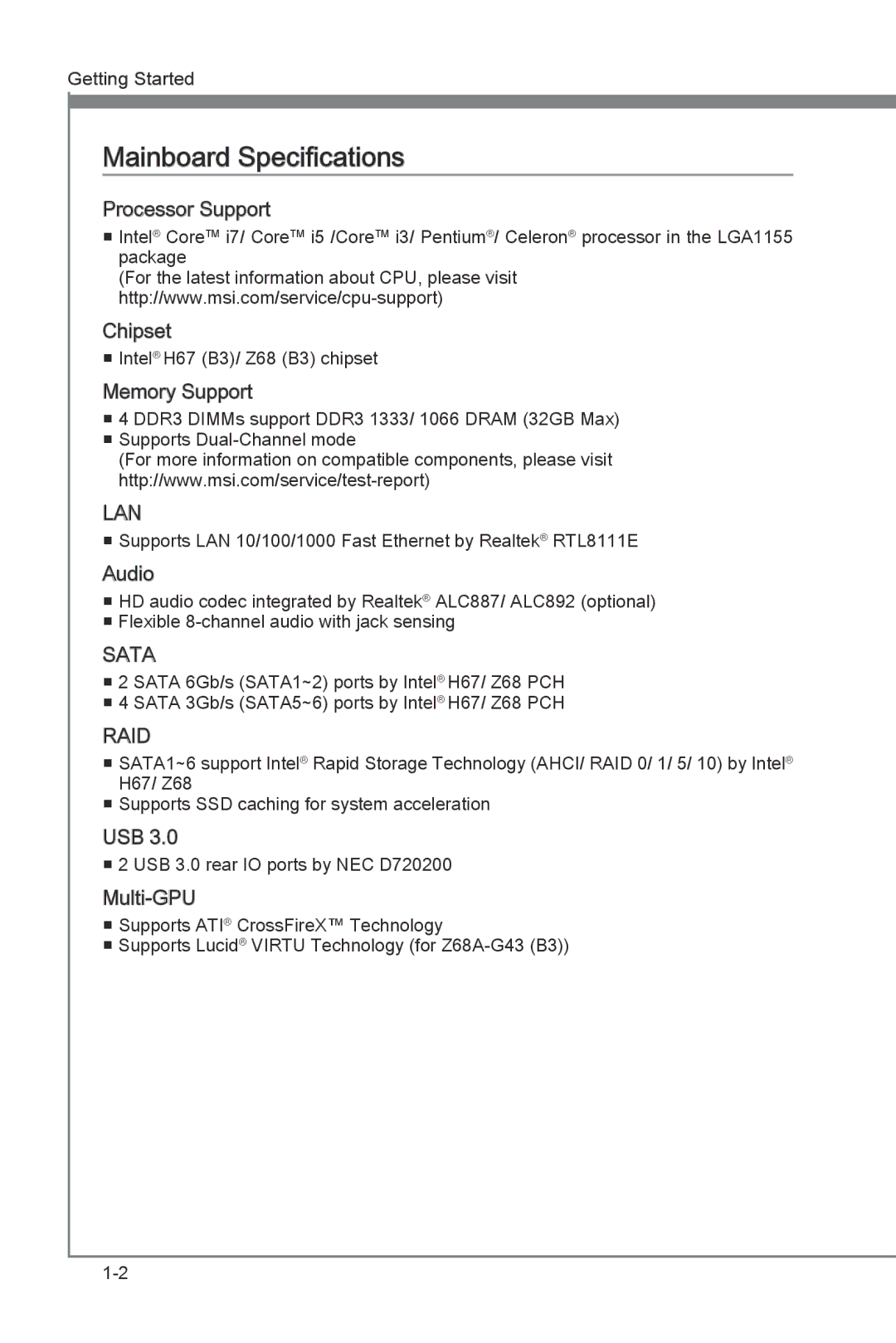 MSI H67A-G43 (B3) manual Mainboard Specifications, Lan 