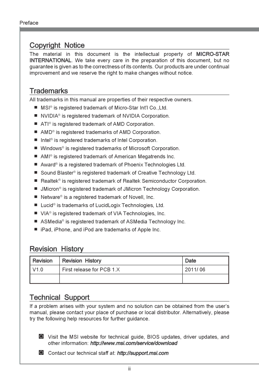 MSI H67A-G43 (B3) manual Revision History 