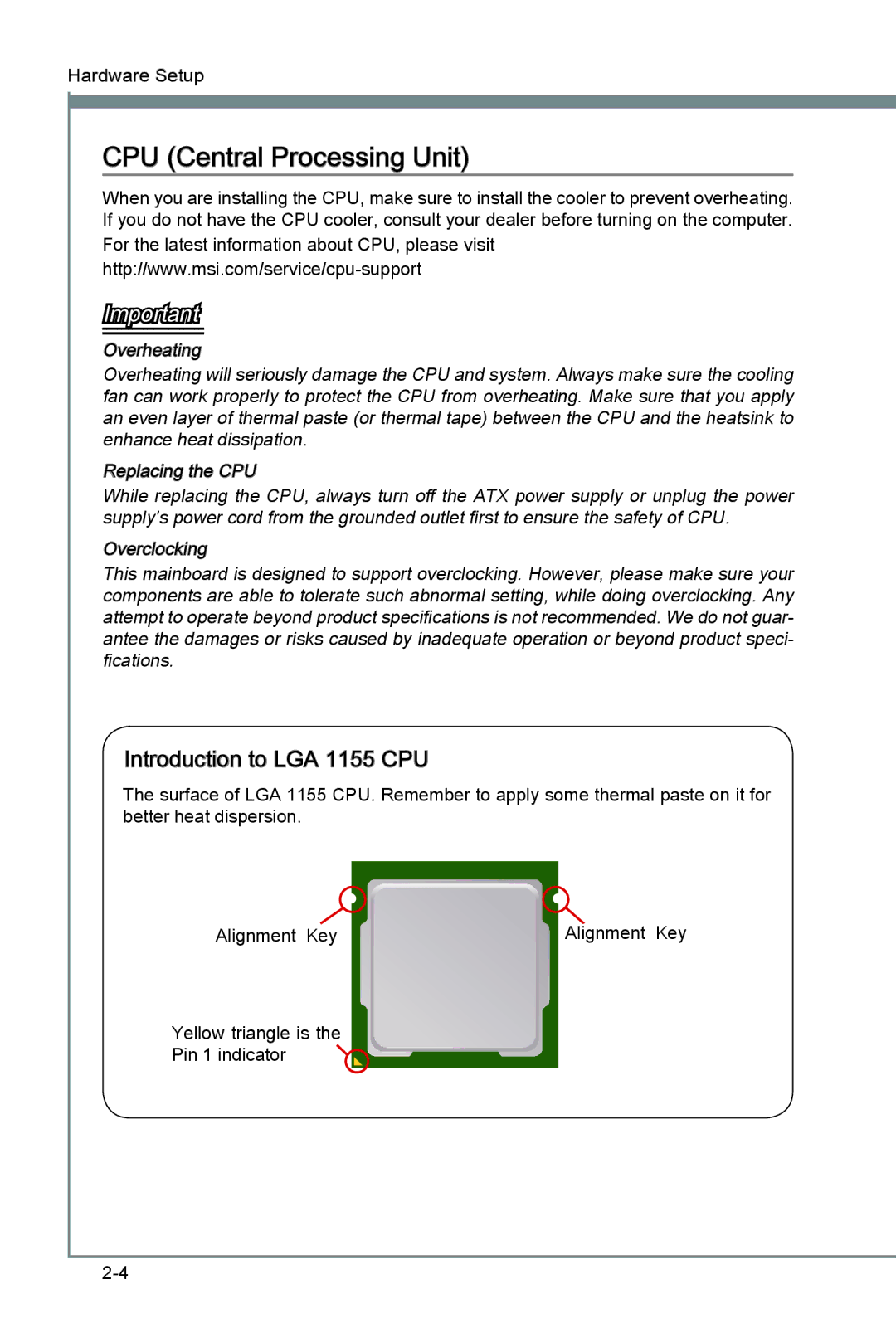 MSI H67A-G43 (B3) manual CPU Central Processing Unit, Introduction to LGA 1155 CPU 