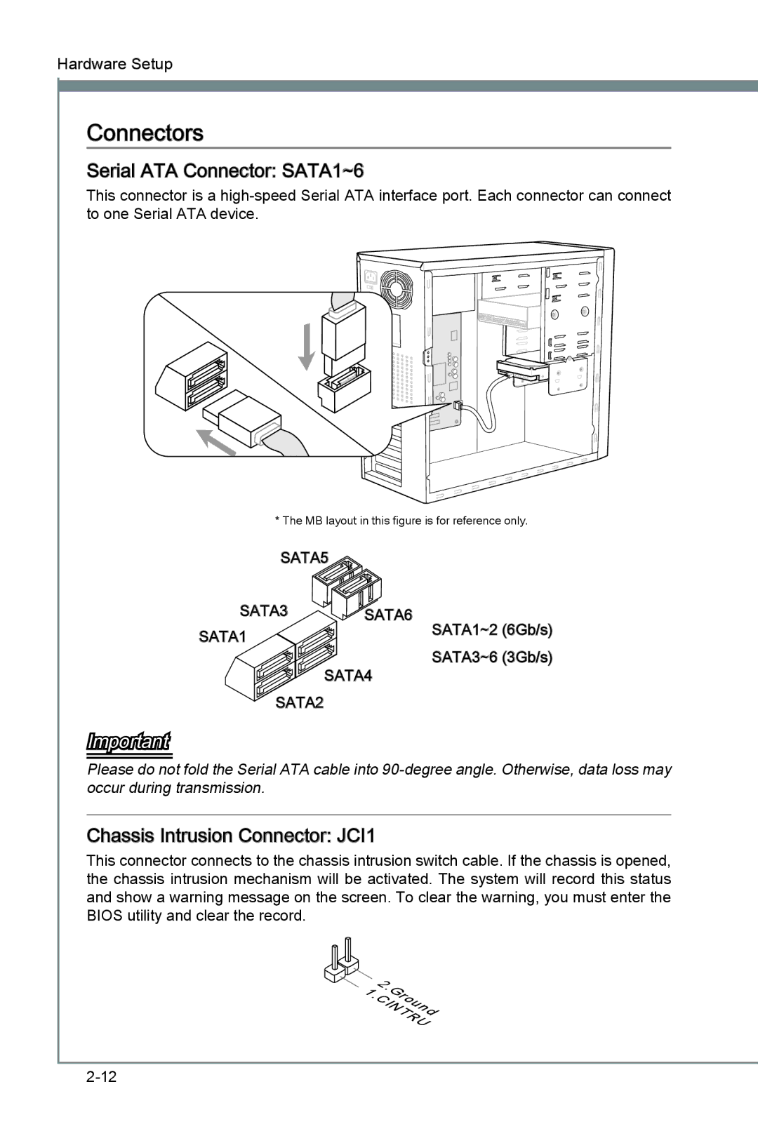 MSI H67A-G43 (B3) manual Connectors, Serial ATA Connector SATA1~6, Chassis Intrusion Connector JCI1 