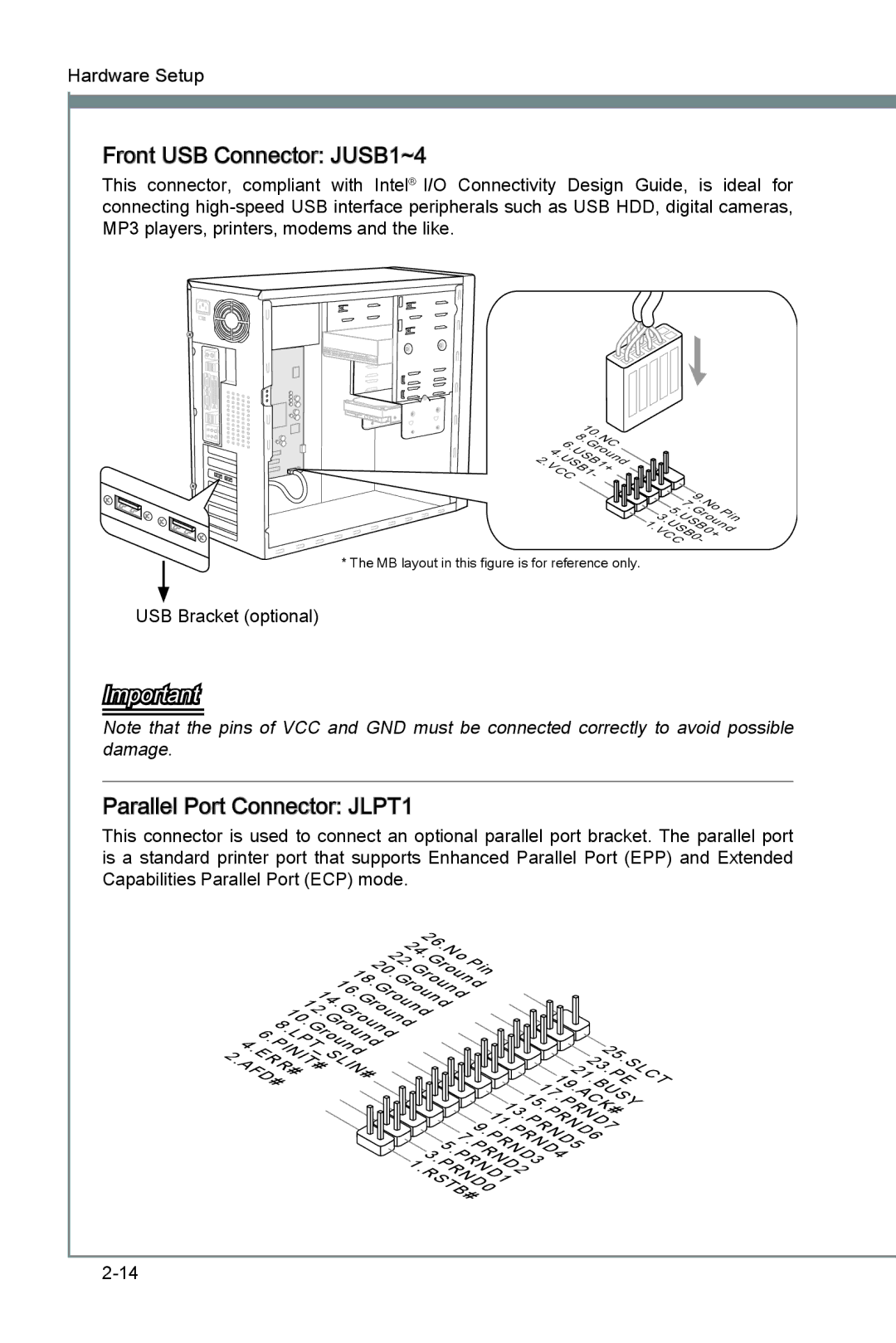 MSI H67A-G43 (B3) manual Front USB Connector JUSB1~4, Parallel Port Connector JLPT1 