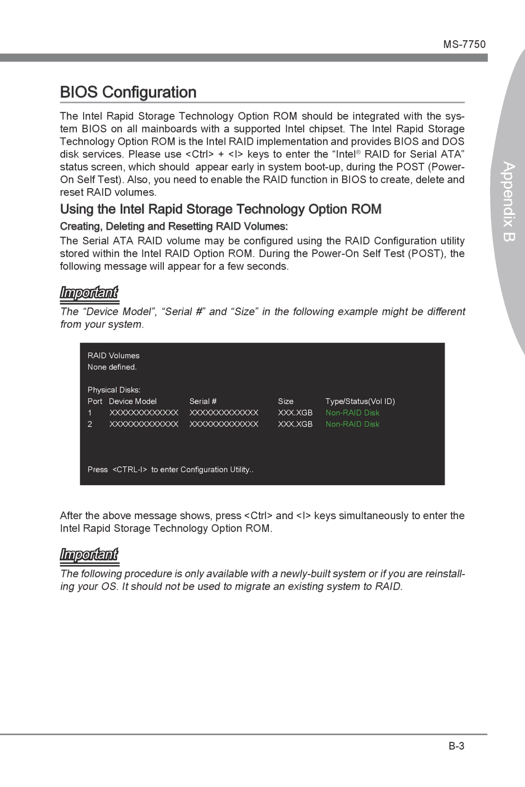 MSI H67A-G43 (B3) manual Bios Configuration, Using the Intel Rapid Storage Technology Option ROM 