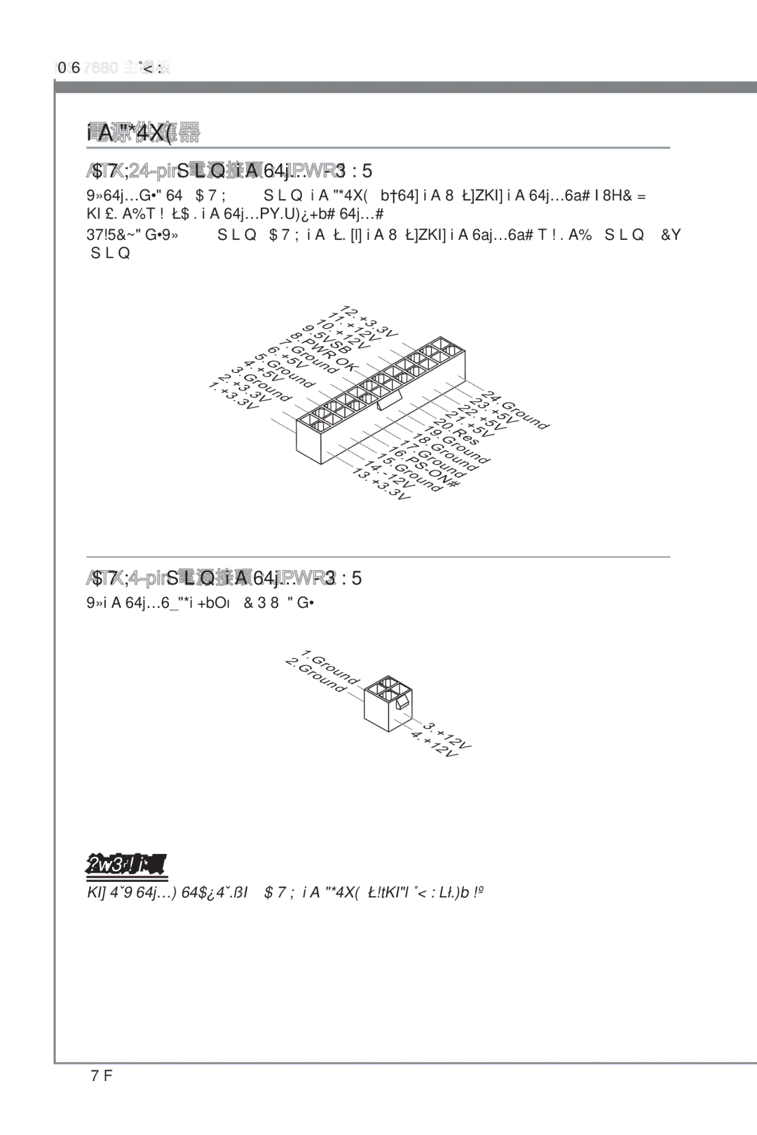 MSI H67MS-E23 (B3) manual 電源供應器, ATX 24-pin 電源接頭：JPWR1, ATX 4-pin 電源接頭：JPWR2 