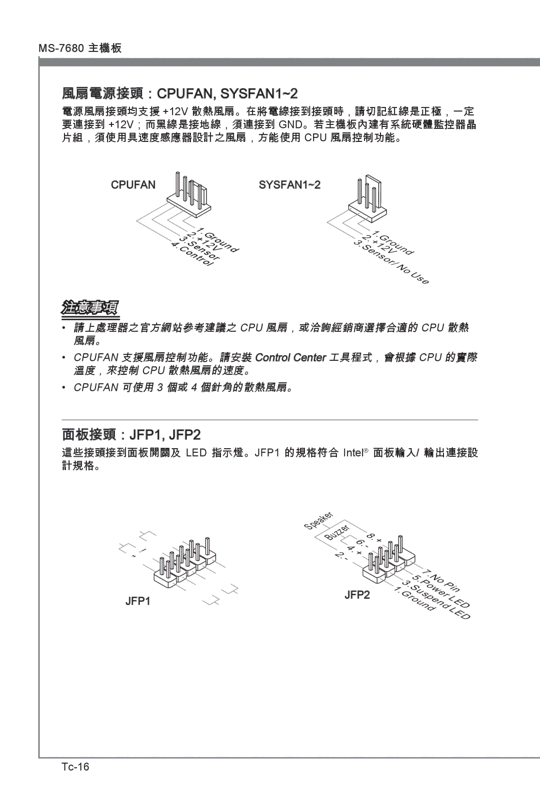 MSI H67MS-E23 (B3) manual 風扇電源接頭：CPUFAN, SYSFAN1~2, 面板接頭：JFP1, JFP2, 計規格。, Tc-16 