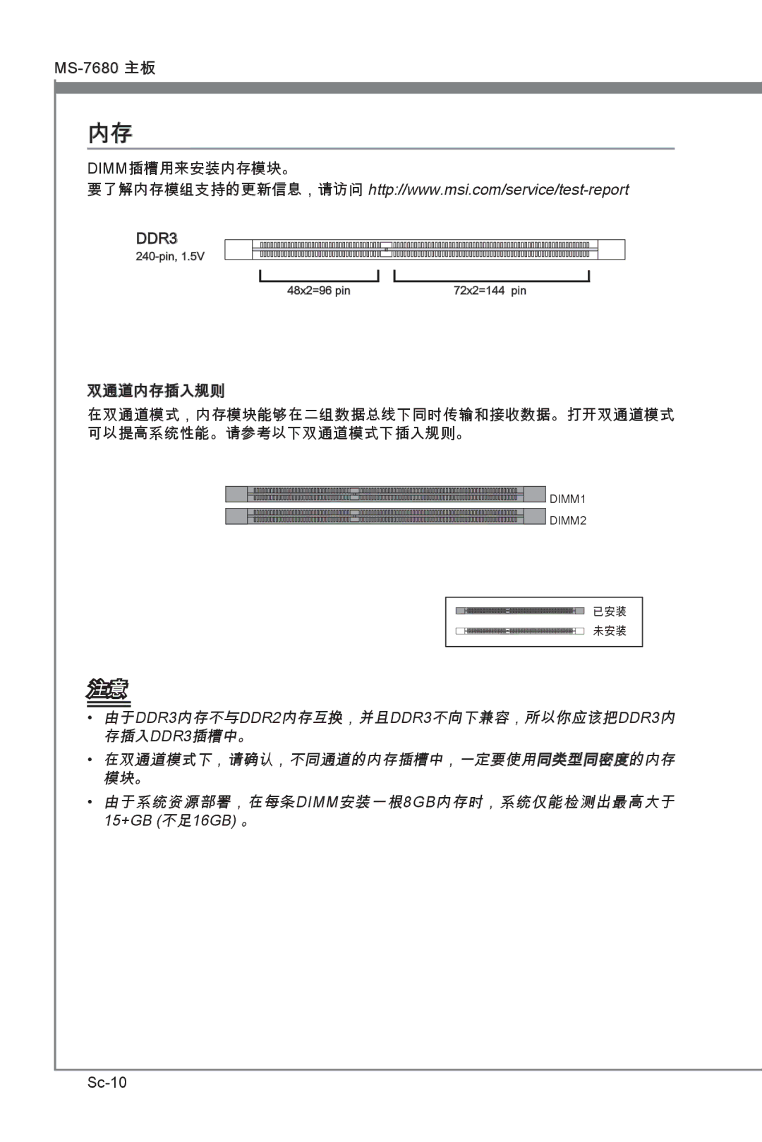 MSI H67MS-E23 (B3) manual MS-7680 主板 DIMM插槽用来安装内存模块。, 双通道内存插入规则, 可以提高系统性能。请参考以下双通道模式下插入规则。, Sc-10 