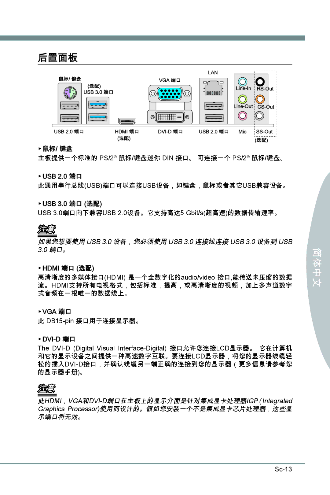 MSI H67MS-E23 (B3) manual 后置面板, 鼠标/ 键盘, Hdmi 端口 选配, VGA 端口 DB15-pin 接口用于连接显示器。 DVI-D 端口, Sc-13 