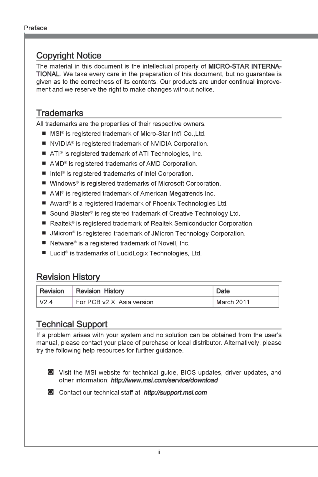 MSI H67MS-E23 (B3) manual Copyright Notice, Preface 