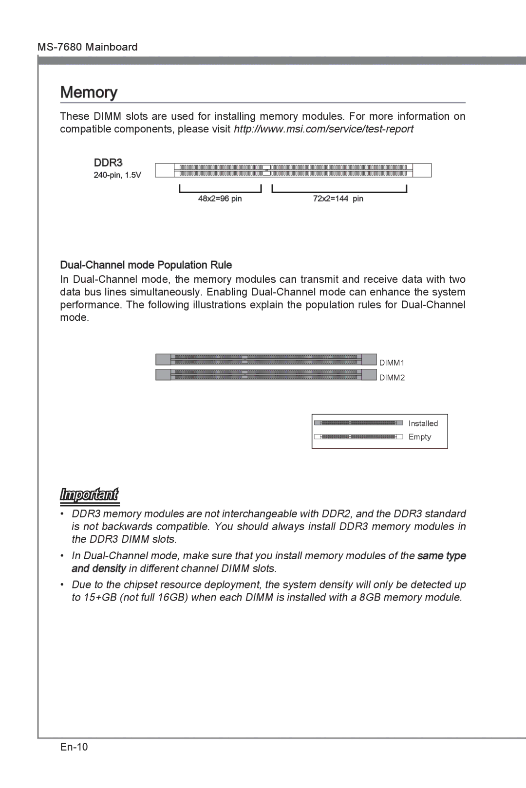 MSI H67MS-E23 (B3) manual Memory, DDR3 