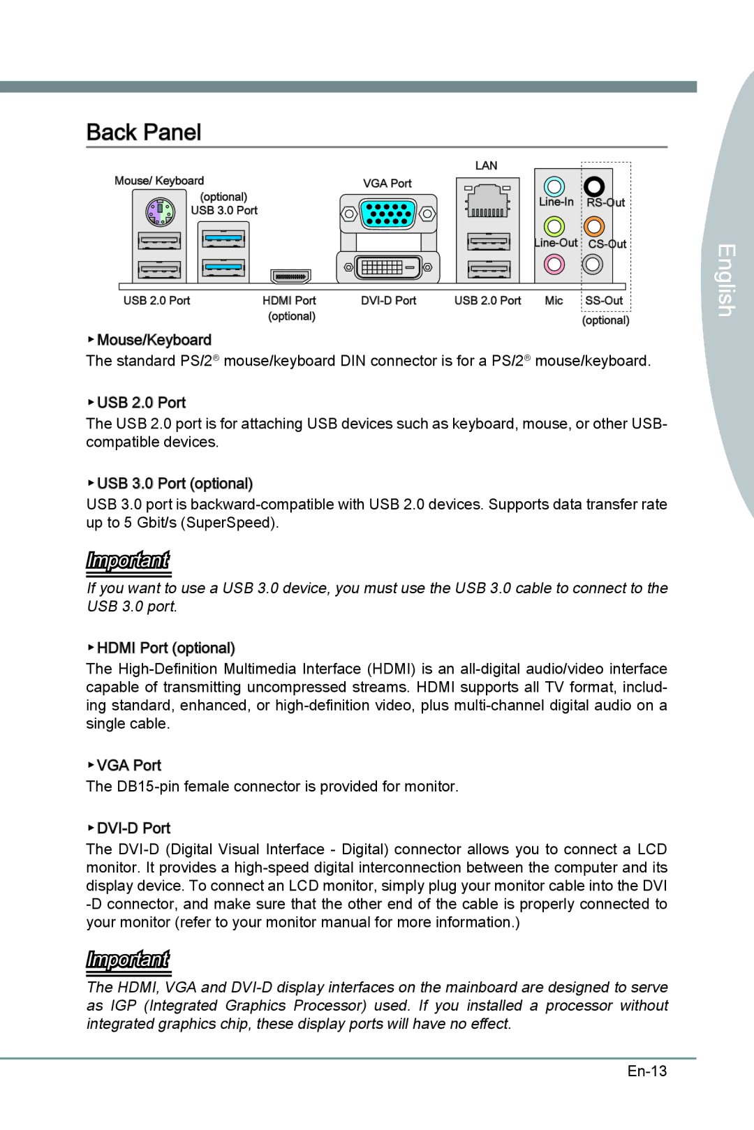 MSI H67MS-E23 (B3) manual Back Panel, En-13 