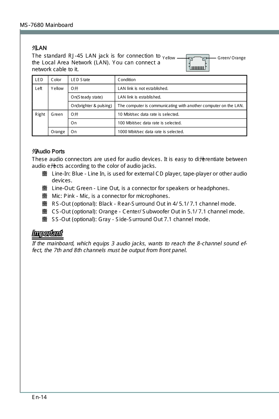 MSI H67MS-E23 (B3) manual Standard RJ-45 LAN jack is for connection to Yellow, En-14 