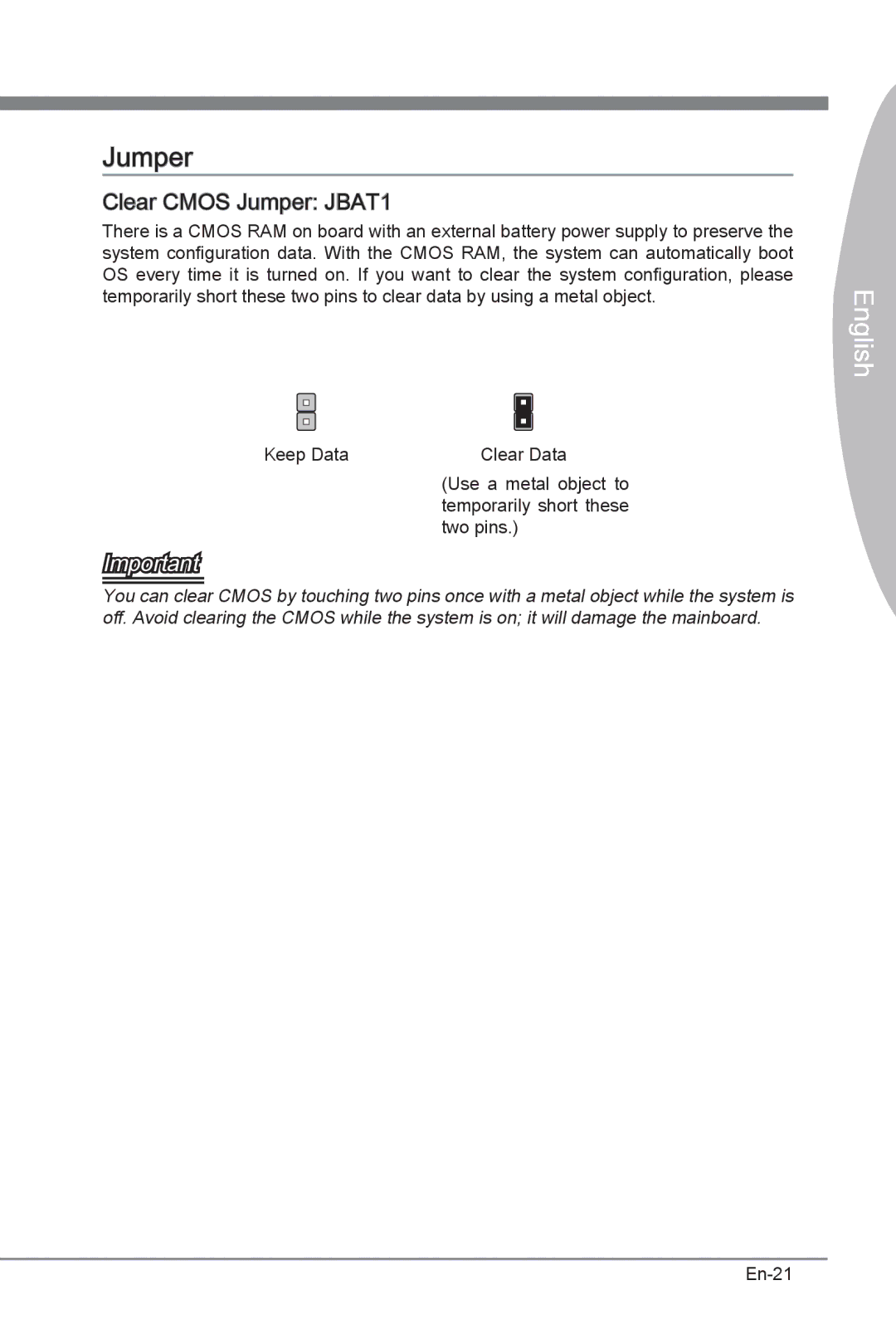 MSI H67MS-E23 (B3) manual Clear Cmos Jumper JBAT1 