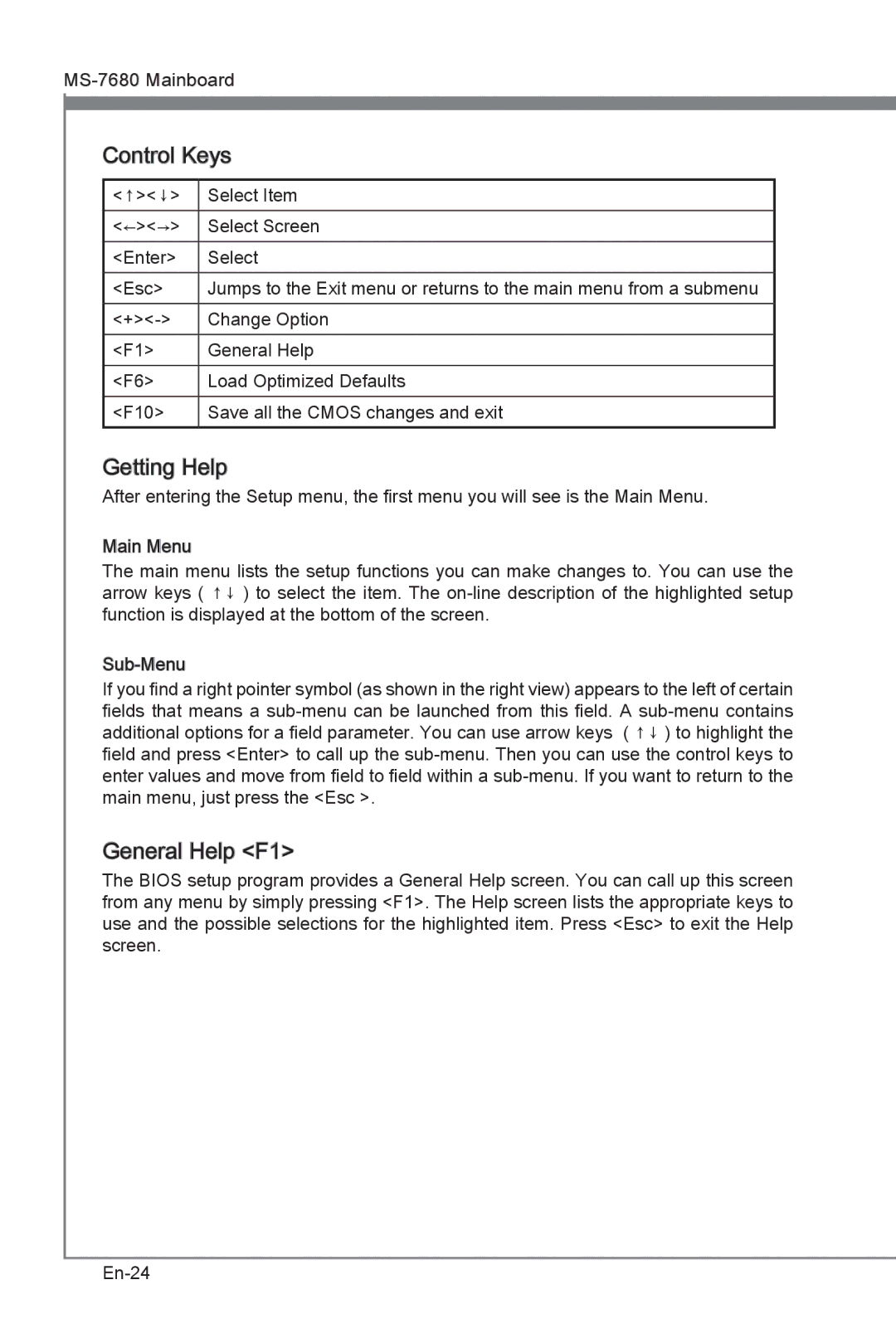 MSI H67MS-E23 (B3) manual Control Keys, Getting Help, General Help F1, Select Item, Select Screen 
