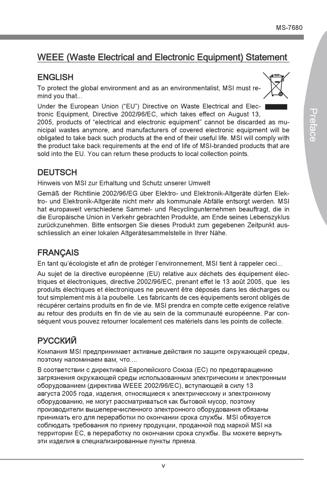 MSI H67MS-E23 (B3) manual Weee Waste Electrical and Electronic Equipment Statement 