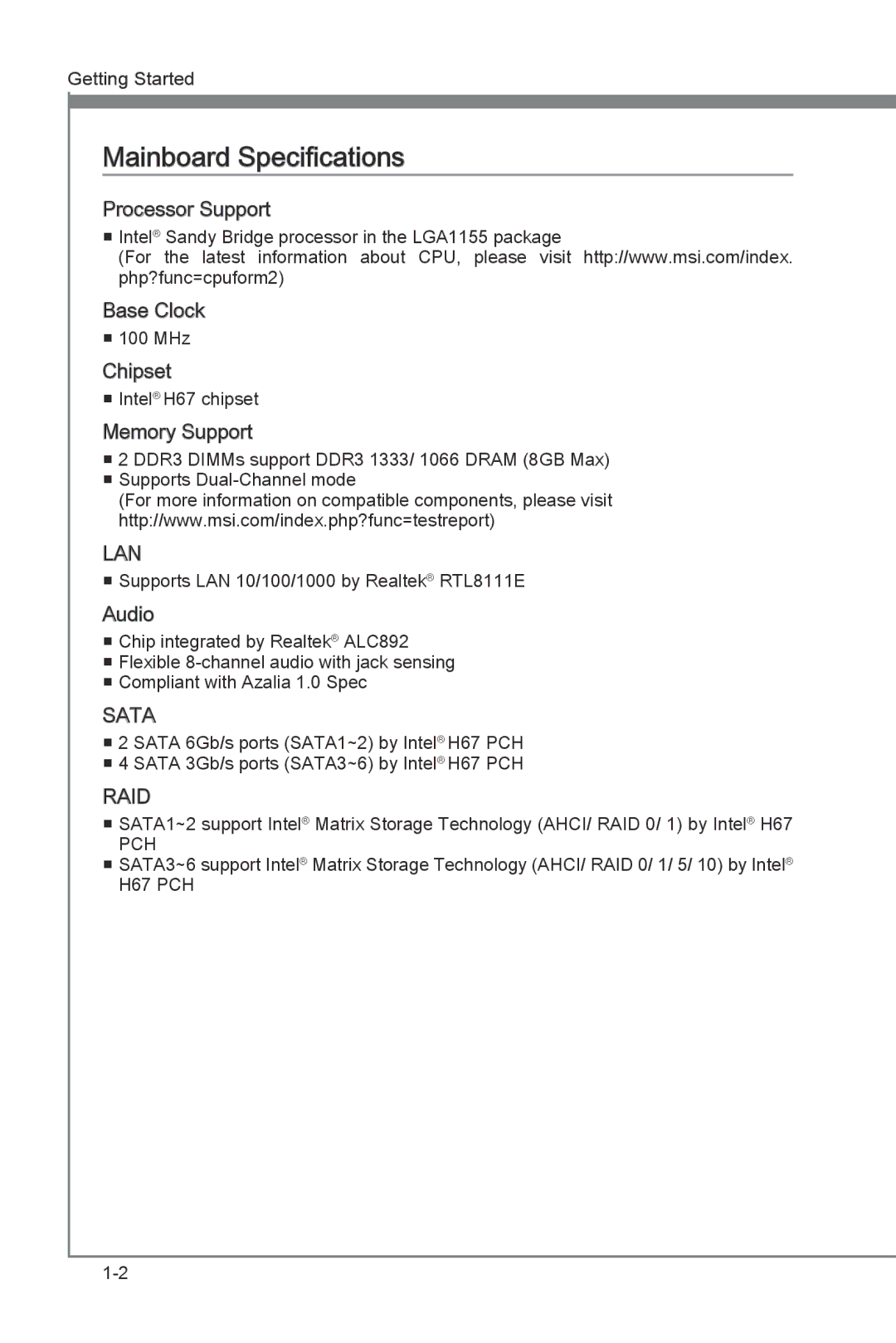 MSI H67MS-E33 (B3) manual Mainboard Specifications, Lan 