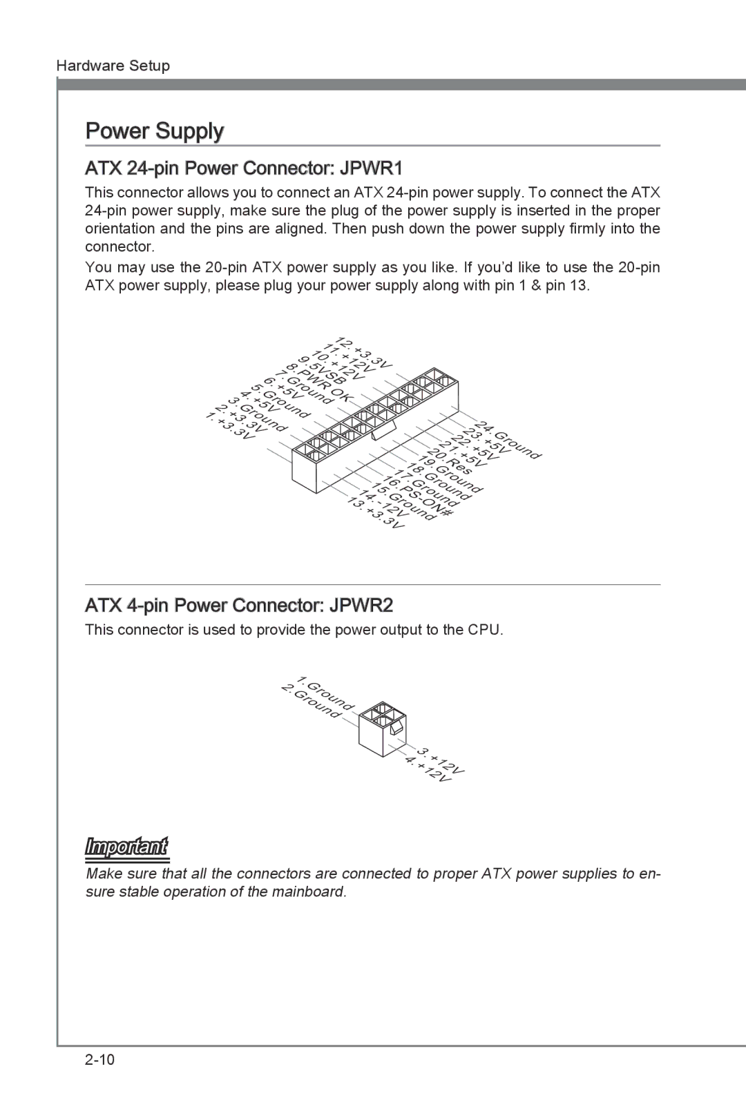 MSI H67MS-E33 (B3) manual Power Supply, ATX 24-pin Power Connector JPWR1, ATX 4-pin Power Connector JPWR2 