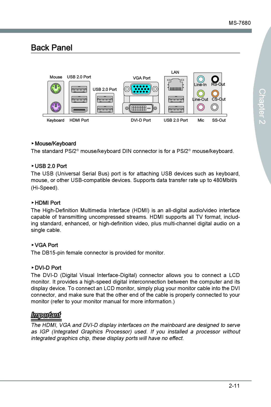 MSI H67MS-E33 (B3) manual Back Panel, Chapter 