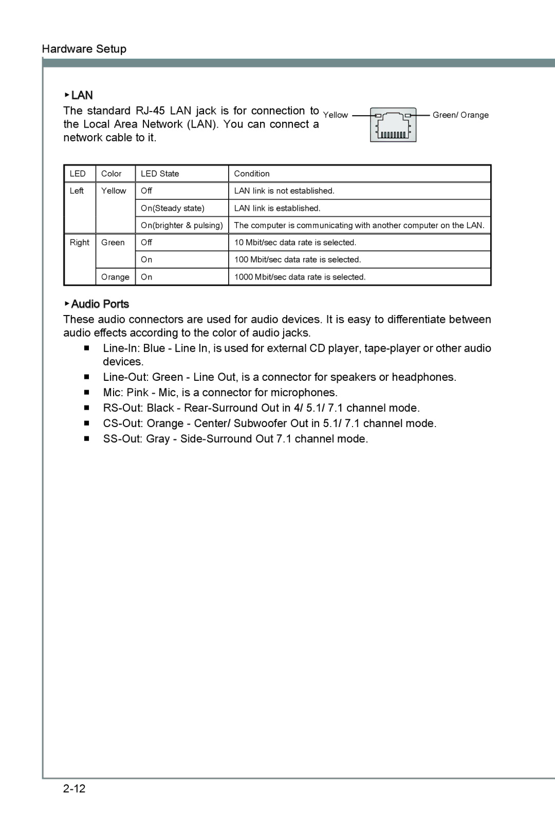 MSI H67MS-E33 (B3) manual Standard RJ-45 LAN jack is for connection to Yellow 