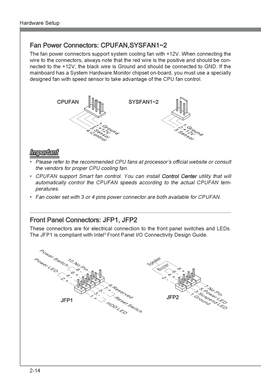 MSI H67MS-E33 (B3) manual Fan Power Connectors CPUFAN,SYSFAN1~2, Front Panel Connectors JFP1, JFP2 